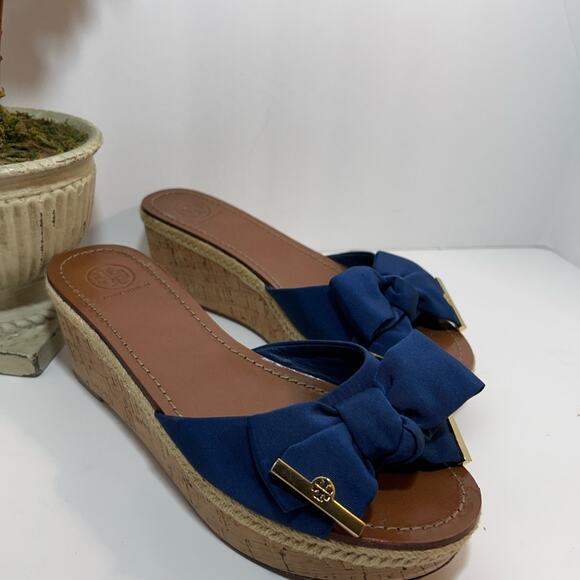 Tory Burch Sandals Wedge Slides Navy Blue Logo Bow Ribbon Size 8.5 - Picture 10 of 14